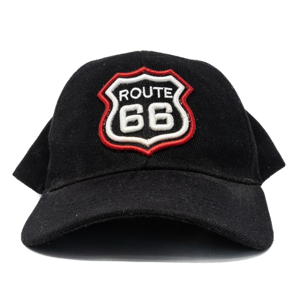 Route 66 Black Baseball Cap With Embroidered Patch & Strapback Closure By Skips